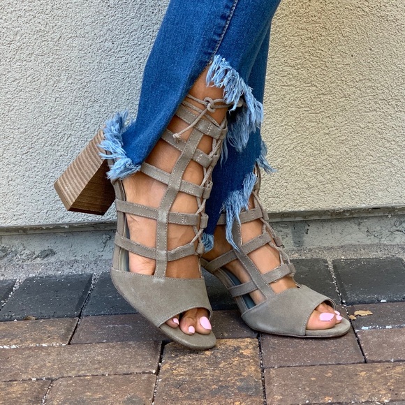 Olive Ultra Chic Caged Lace Up Block Heel Sandal - Picture 2 of 8